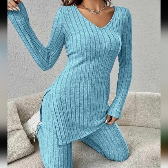 Casual ribbed two pieces set The neck long sleep crop top and pants Size L - Picture 6 of 7